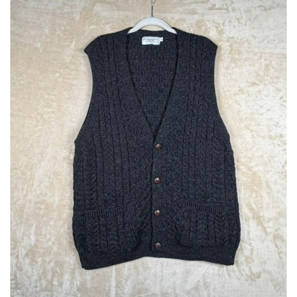 Aran Islands Knitwear Mens XL Gray Wool Cable Knit Cardigan Vest Ireland